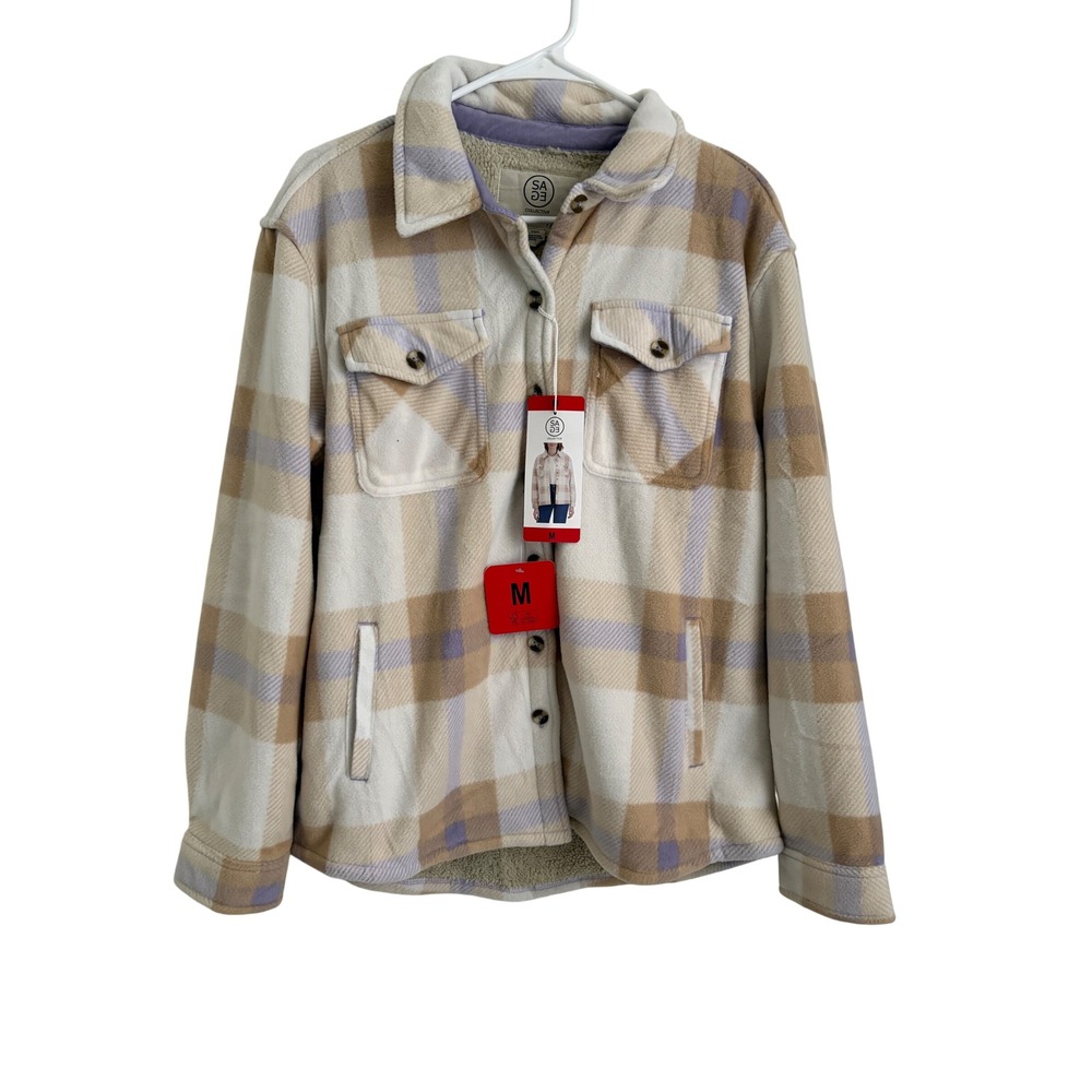 NWT Sage Collective Womens Plaid Sherpa Lined Fleece Shacket Tan Purple Size M